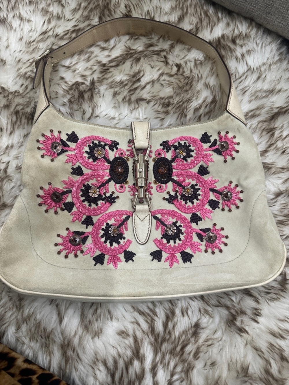Gucci Suede Cream Shoulder Bag with Pink and Black Embroidery